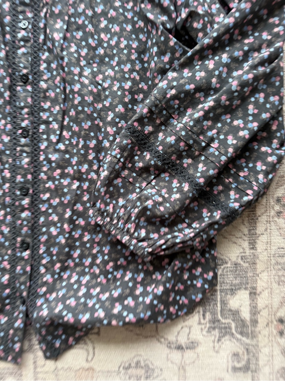 Lucky Brand Black Floral Peasant Blouse with Pink and Blue Accents - Picture 3 of 5